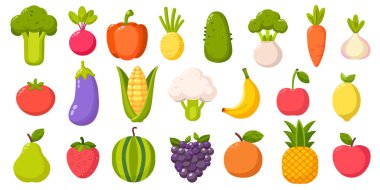 Çizgi film meyve ve sebze seti.