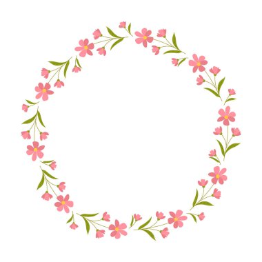 Kır çiçekleriyle güzel yuvarlak bir çerçeve. Basit düz stil. Kart için parlak illüstrasyon, düğün davetiyesi, doğum günü ve diğer tatiller ve tatlı bahar arkaplanı. Vektör illüstrasyonu.