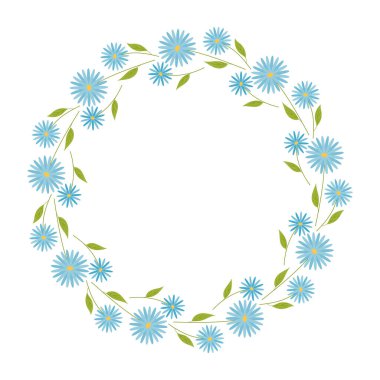 Kır çiçekleriyle güzel yuvarlak bir çerçeve. Basit düz stil. Kart için parlak illüstrasyon, düğün davetiyesi, doğum günü ve diğer tatiller ve tatlı bahar arkaplanı. Vektör illüstrasyonu.