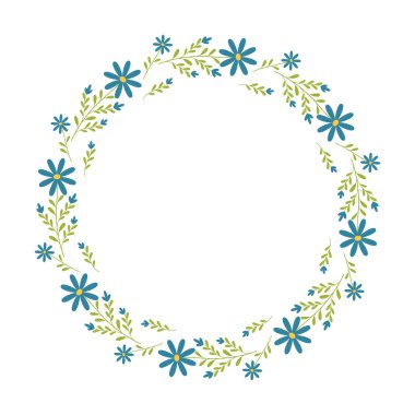 Kır çiçekleriyle güzel yuvarlak bir çerçeve. Basit düz stil. Kart için parlak illüstrasyon, düğün davetiyesi, doğum günü ve diğer tatiller ve tatlı bahar arkaplanı. Vektör illüstrasyonu.