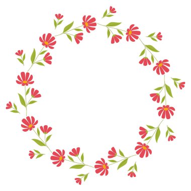 Kır çiçekleriyle güzel yuvarlak bir çerçeve. Basit düz stil. Kart için parlak illüstrasyon, düğün davetiyesi, doğum günü ve diğer tatiller ve tatlı bahar arkaplanı. Vektör illüstrasyonu.