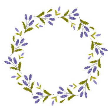 Kır çiçekleriyle güzel yuvarlak bir çerçeve. Basit düz stil. Kart için parlak illüstrasyon, düğün davetiyesi, doğum günü ve diğer tatiller ve tatlı bahar arkaplanı. Vektör illüstrasyonu.