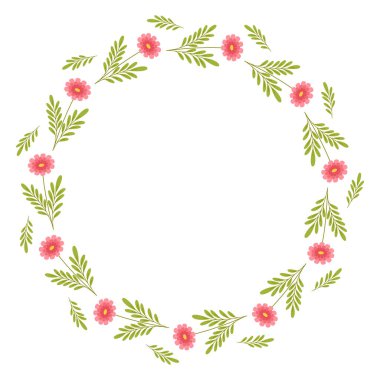 Kır çiçekleriyle güzel yuvarlak bir çerçeve. Basit düz stil. Kart için parlak illüstrasyon, düğün davetiyesi, doğum günü ve diğer tatiller ve tatlı bahar arkaplanı. Vektör illüstrasyonu.