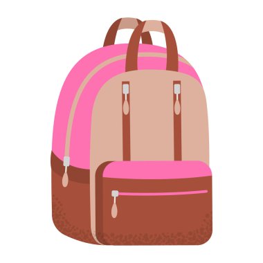 Çocuksu renkli okul çantası. Çizgi film tekstil okulu çantası, eğitim malzemeleri için sırt çantası. Okula dönelim. Düz vektör çizimi beyaz arkaplanda izole edildi.