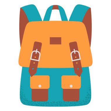 Çocuksu renkli okul çantası. Çizgi film tekstil okulu çantası, eğitim malzemeleri için sırt çantası. Okula dönelim. Düz vektör çizimi beyaz arkaplanda izole edildi.