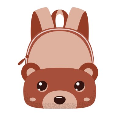 Çocuksu renkli okul çantası. Çizgi film tekstil okulu çantası, eğitim malzemeleri için sırt çantası. Okula dönelim. Düz vektör çizimi beyaz arkaplanda izole edildi.