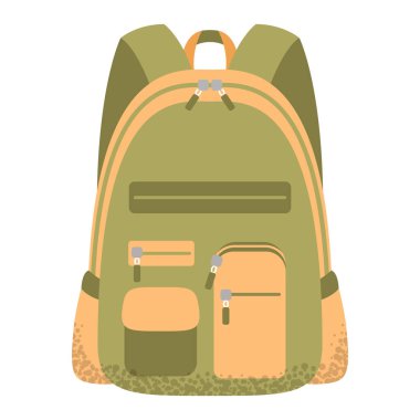 Çocuksu renkli okul çantası. Çizgi film tekstil okulu çantası, eğitim malzemeleri için sırt çantası. Okula dönelim. Düz vektör çizimi beyaz arkaplanda izole edildi.