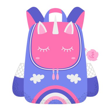 Çocuksu renkli okul çantası. Çizgi film tekstil okulu çantası, eğitim malzemeleri için sırt çantası. Okula dönelim. Düz vektör çizimi beyaz arkaplanda izole edildi.