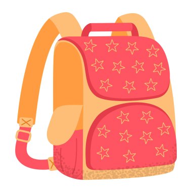 Çocuksu renkli okul çantası. Çizgi film tekstil okulu çantası, eğitim malzemeleri için sırt çantası. Okula dönelim. Düz vektör çizimi beyaz arkaplanda izole edildi.