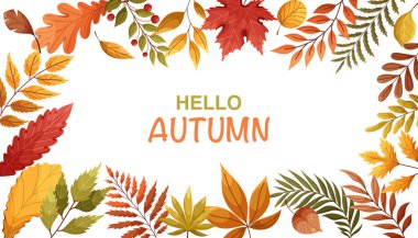 Renkli yaprakları, dalları ve bitkileri olan sonbahara merhaba deyin. Sonbahar sezonu. Şükran Günü tasarımı. Tebrik kartı, poster, davetiye, internet, satış için vektör illüstrasyonu.