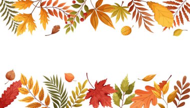 Renkli sonbahar yaprakları, dallar ve bitkilerle renksiz mevsimlik arka plan. Sonbahar sezonu. Şükran Günü tasarımı. Tebrik kartı, poster, davetiye, internet, satış için vektör illüstrasyonu.