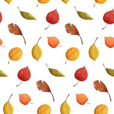 Renkli sonbahar yaprakları, dallar ve bitkilerle renksiz mevsimsel şablon. Sonbahar Şükran Günü tasarımı. Kumaş, tekstil, duvar kağıdı, dekor, baskı ve ürün ambalajı için mükemmel.