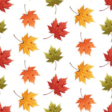Renkli sonbahar akçaağaç yaprakları, dallar ve bitkilerle renksiz mevsimsel şablon. Sonbahar Şükran Günü tasarımı. Kumaş, tekstil, duvar kağıdı, dekor, baskı ve ürün ambalajı için mükemmel