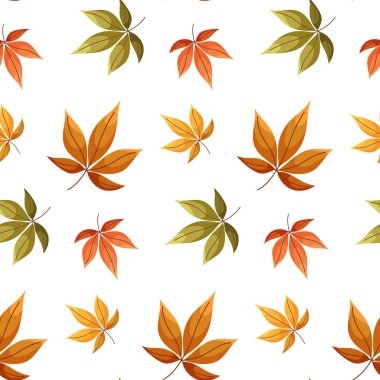 Renkli sonbahar yaprakları, dallar ve bitkilerle renksiz mevsimsel şablon. Sonbahar Şükran Günü tasarımı. Kumaş, tekstil, duvar kağıdı, dekor, baskı ve ürün ambalajı için mükemmel.