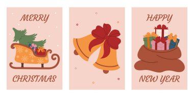 Mutlu Noeller ve yeni yıl kartpostalları koleksiyonu. Tatiller için geleneksel sıcak kış öğeleri. Yeni yıl ve Noel süslemeleri. Renkli düz vektör çizimleri.