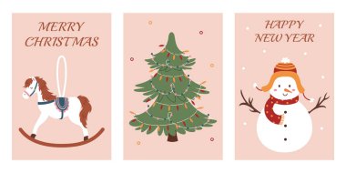 Mutlu Noeller ve yeni yıl kartpostalları koleksiyonu. Tatiller için geleneksel sıcak kış öğeleri. Yeni yıl ve Noel süslemeleri. Renkli düz vektör çizimleri.