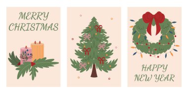 Mutlu Noeller ve yeni yıl kartpostalları koleksiyonu. Tatiller için geleneksel sıcak kış öğeleri. Yeni yıl ve Noel süslemeleri. Renkli düz vektör çizimleri.