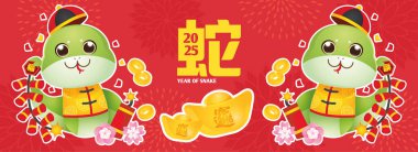 2025 Çin Yeni Yılı, yılan posteri seti. Mevsim dekorasyonu, markalaşma, afiş ve tebrik kartı için sevimli yılan şablonları tasarla. Metin: Yılan