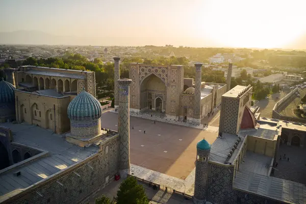 stock image Aerial view of Registan Square in Samarkand Uzbekistan during sunset