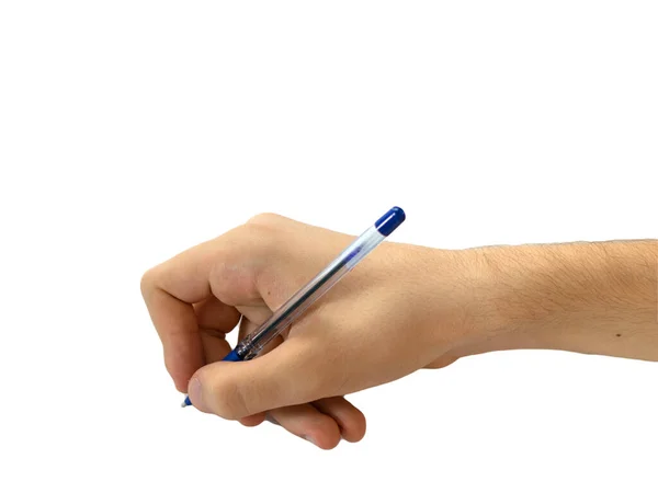 Hand Young Man Writing Blue Pen Isolated — Fotografia de Stock