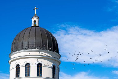 Gökyüzü arka planında uçan güvercinlerle birlikte Ortodoks Hıristiyan Katedrali çan kulesi, yazmak için alan