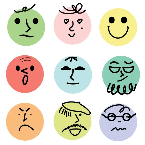 Set of faces with various emotions, abstract hand drawn, flat style