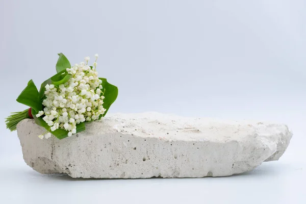 Doğal ürün arka planı, beyaz arkaplanda beyaz bir nilüfer çiçeği buketi olan beyaz taş platform.