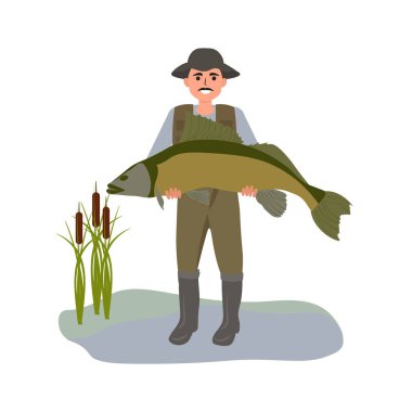 Elinde büyük balıklar olan üniformalı balıkçı, düz tasarım, vektör..