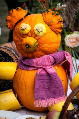 Sonbahar kutlaması için oyuncak ayı olarak oyulmuş balkabağı.