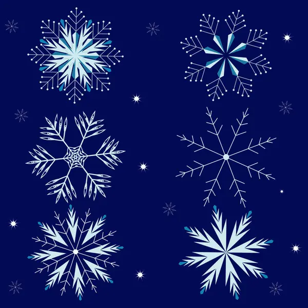 Gece mavisi arkaplan, vektör, grafik ögesi üzerinde kar taneleri kümesi.