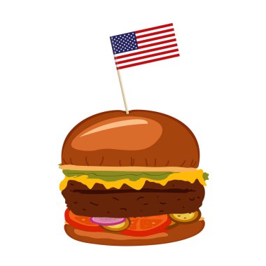 Beyaz arka planda Amerikan bayrağı olan lezzetli bir burger.