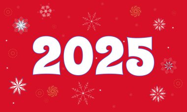 Yeni Yıl 2025 Kar taneleri ve rakamlarıyla kırmızı zemin