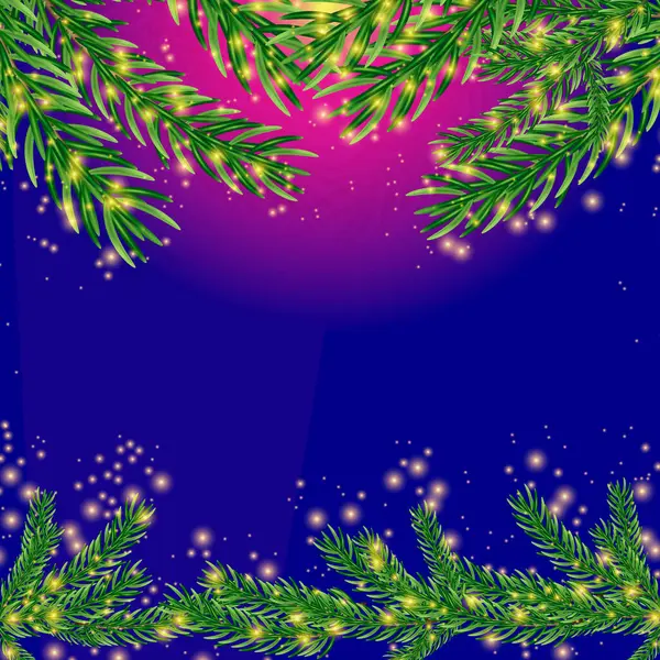 Süslü köknar ağacı dallarına sahip mavi Noel arkaplanı, mesaj, duyuru veya davet için boş alan