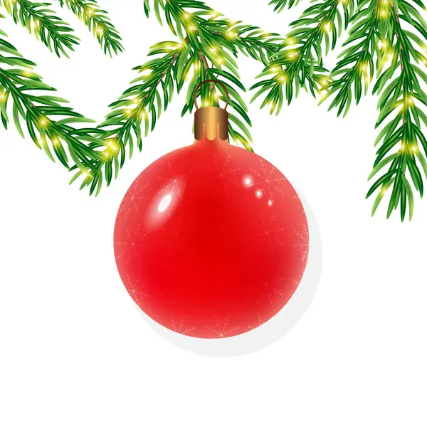 Süslü kırmızı Noel balosu köknar dalında, ışıltılı, beyaz arka planda