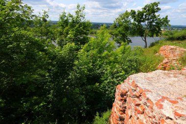 Kırmızı tuğla duvar ve nehir kenarındaki yeşil ağaçlar.