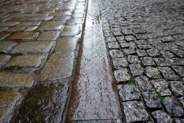 Kaldırım kenarı ve ıslak granit kaldırım taşları