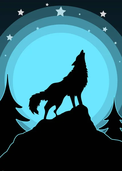 Ουρλιαχτός Λύκος Μπλε Φεγγάρι Graphic Poster Art — Φωτογραφία Αρχείου
