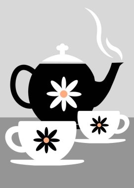 Çay demliği ve çay fincanları - Kafe Mutfak Restoranı Poster Sanatı