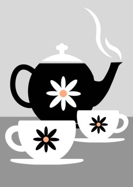Tea Pot And Tea Cups - Cafe Kitchen Restaurant Poster Art clipart