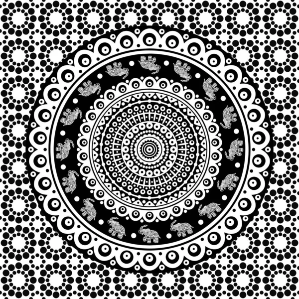 Ελέφαντες Mandala Μαύρος Λευκός Ινδικός Πνευματικός Σχεδιασμός — Φωτογραφία Αρχείου