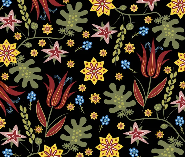 stock image Stylised Bohemian Hippie Flowers On Black - Hand Drawn Floral Tile Pattern 