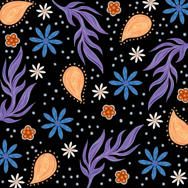 Met Hand Getekend Funky Bloemen Bladeren Floral Tile Design — Stockfoto