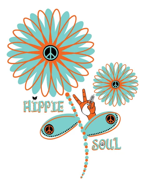Hippie Soul Fred Tegn Flower Power Isoleret Blomster Grafisk Design - Stock-foto