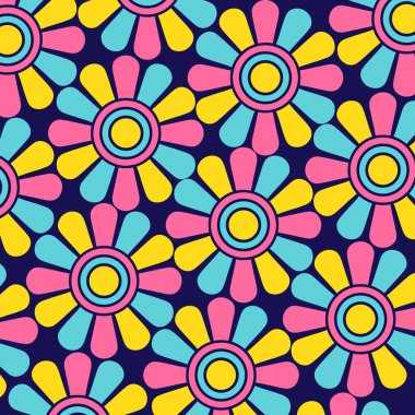 1960 'ların Biçimli Pembe Sarı Neon Çiçek Şablonu