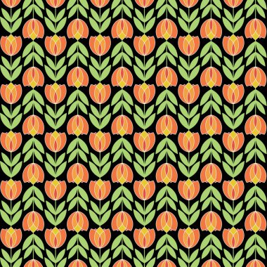 Modern Orta Çağ Turuncusu ve Yeşil Lale Çiçekleri Deseni