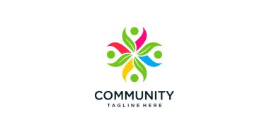 Takım, yaprak ve insan konsept topluluğunun kombinasyonu ile çalışıyor. logo tasarım vektörü Premium Vektörü
