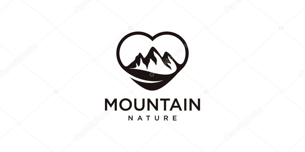 Love mountain nature logo icon with combination of love, mountain and leaves. Premium Logo Vector