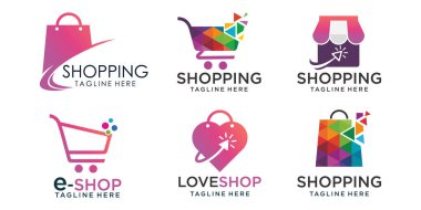 Çevrimiçi Shop simgesi Logo tasarımları. Dükkan, alışveriş çantası ve tramvay çizelgesi