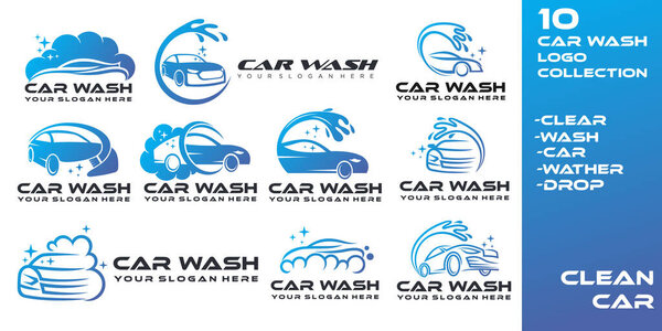 Концепт-вектор дизайна логотипа "Автомойка", шаблон логотипа набора иконок для очистки автомобилей