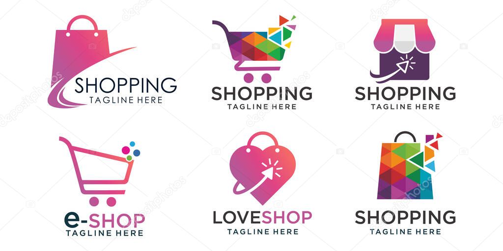 Online Shop icon set Logo designs .Illustration vector graphic of shop, shopping bag and trolley